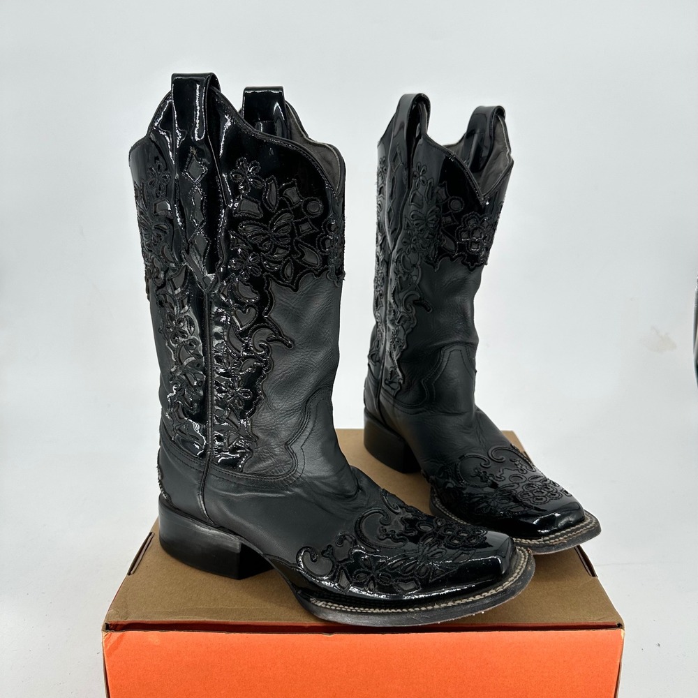 Corral Black Square Toe Patent Leather Design Boots Western Rodeo Cowgirl 8 M